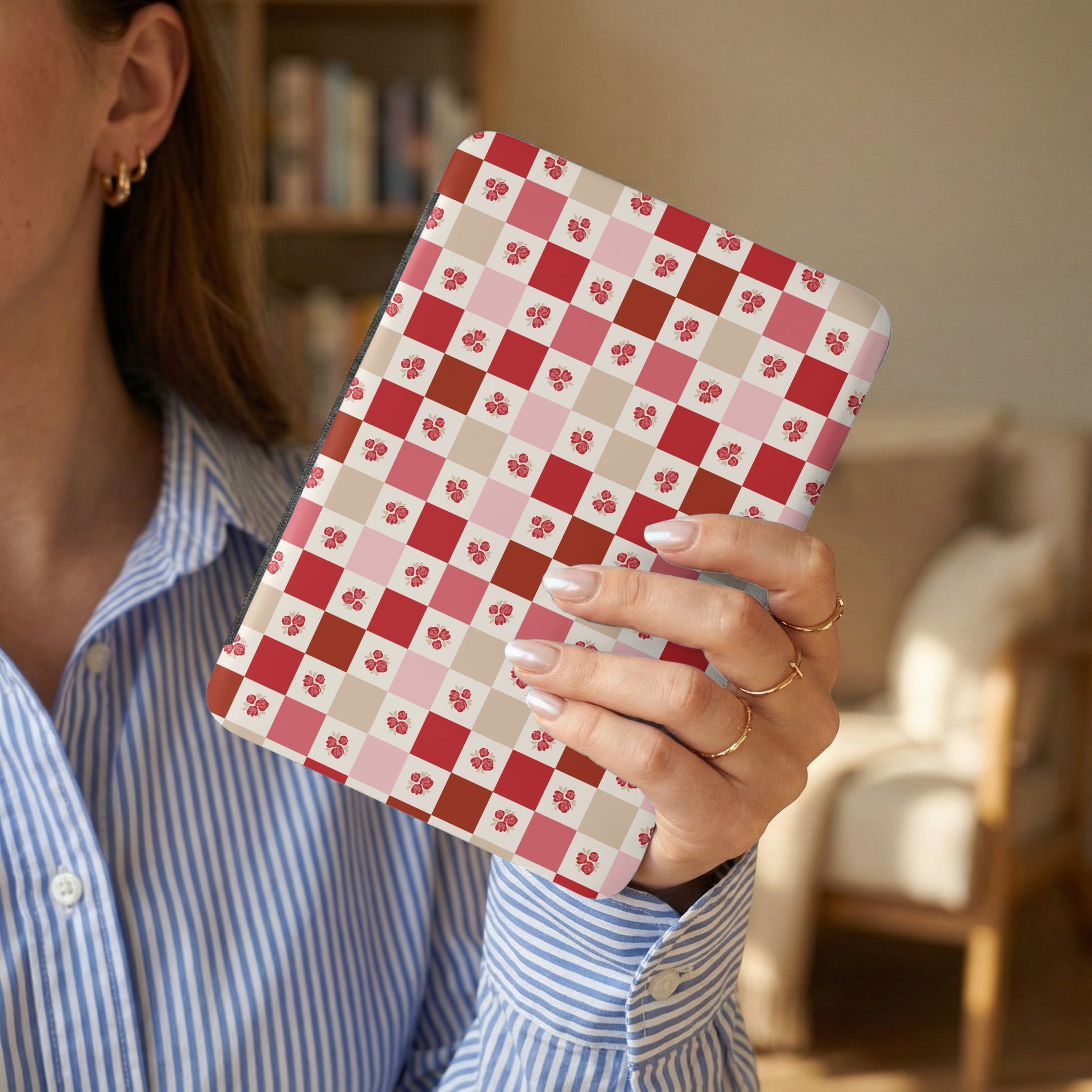 Red and Pink Checkered Floral Design Tablet Case