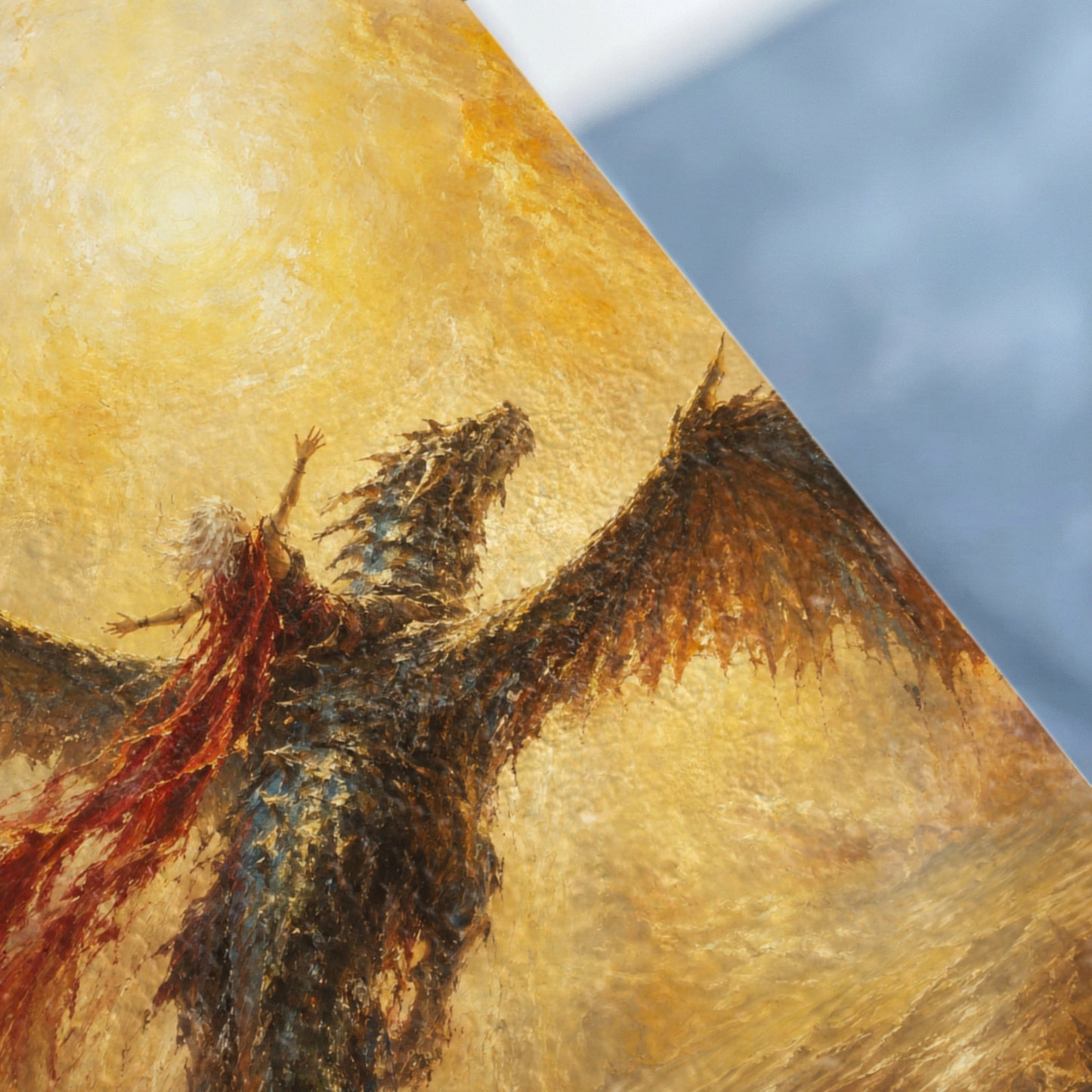 Painting depicts a woman with red drapery riding a dark dragon against a golden, sunlit sky.