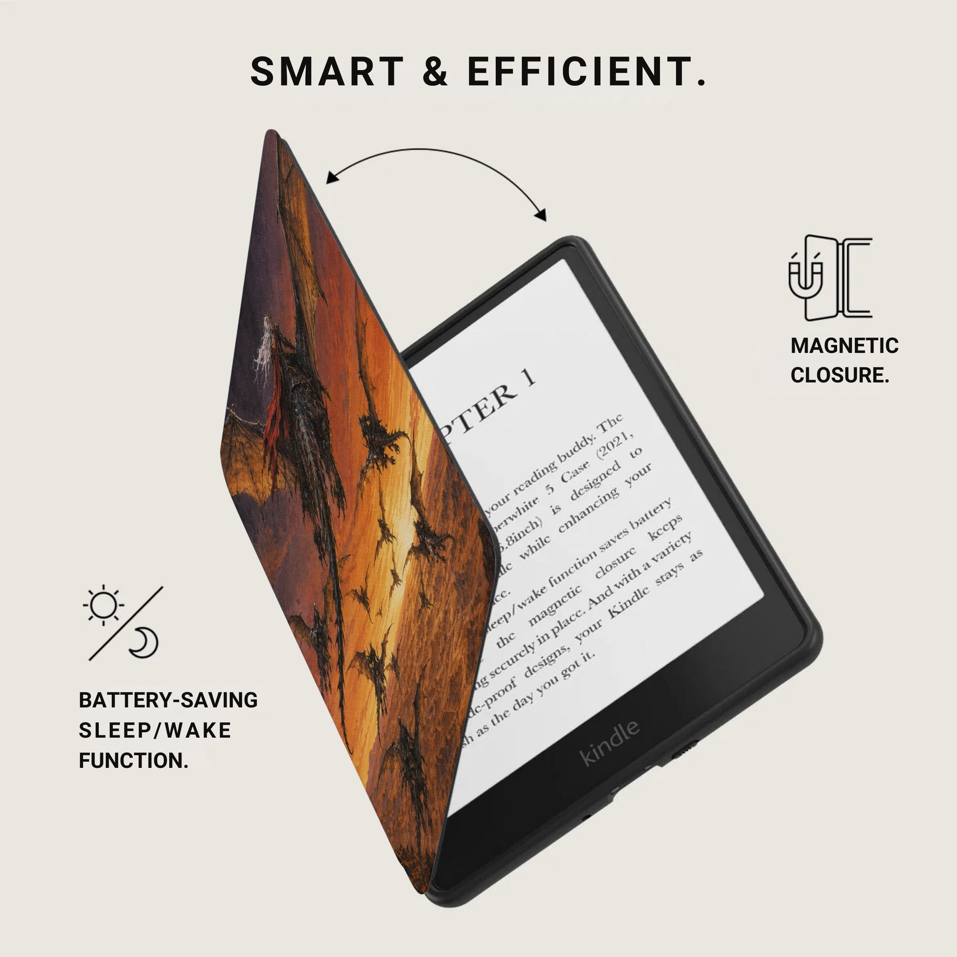 E-reader with dragon-themed cover, magnetic closure, and battery-saving function.