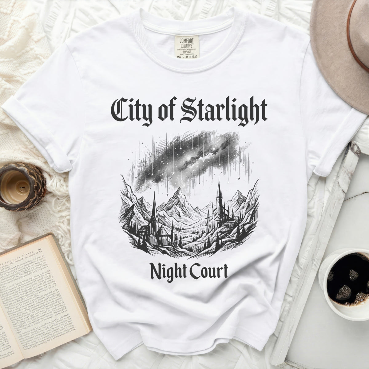 White t-shirt with "City of Starlight Night Court" graphic.