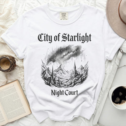 White t-shirt with "City of Starlight Night Court" graphic.