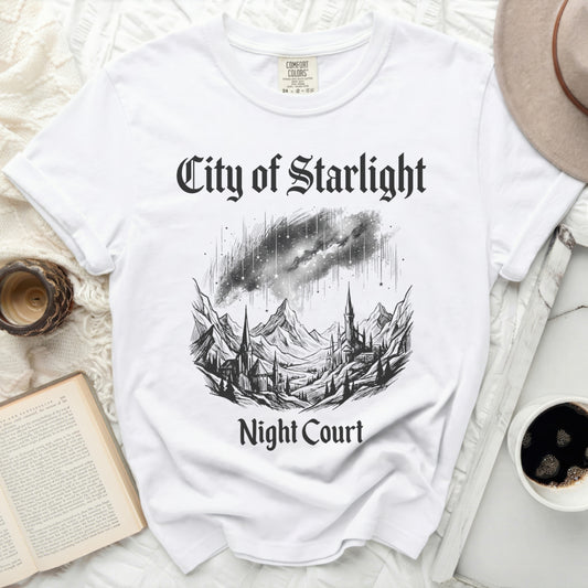 White t-shirt with "City of Starlight Night Court" graphic.
