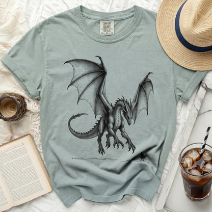 Light blue t-shirt with a black dragon illustration and "THRESHING" text.