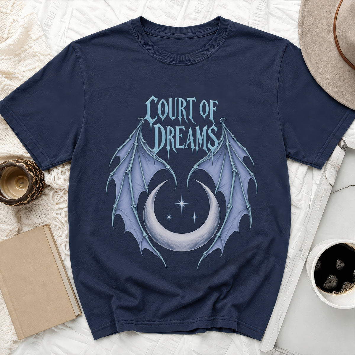 Navy t-shirt with "Court of Dreams" text, crescent moon, and wings design.