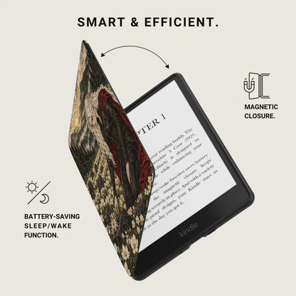 Kindle with a decorated cover, featuring magnetic closure and battery-saving sleep/wake function.