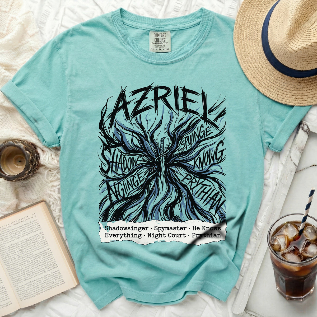 Teal t-shirt with "AZRIEL" and "Shadowsinger • Spymaster • He Knows Everything • Night Court • Prythian" text.