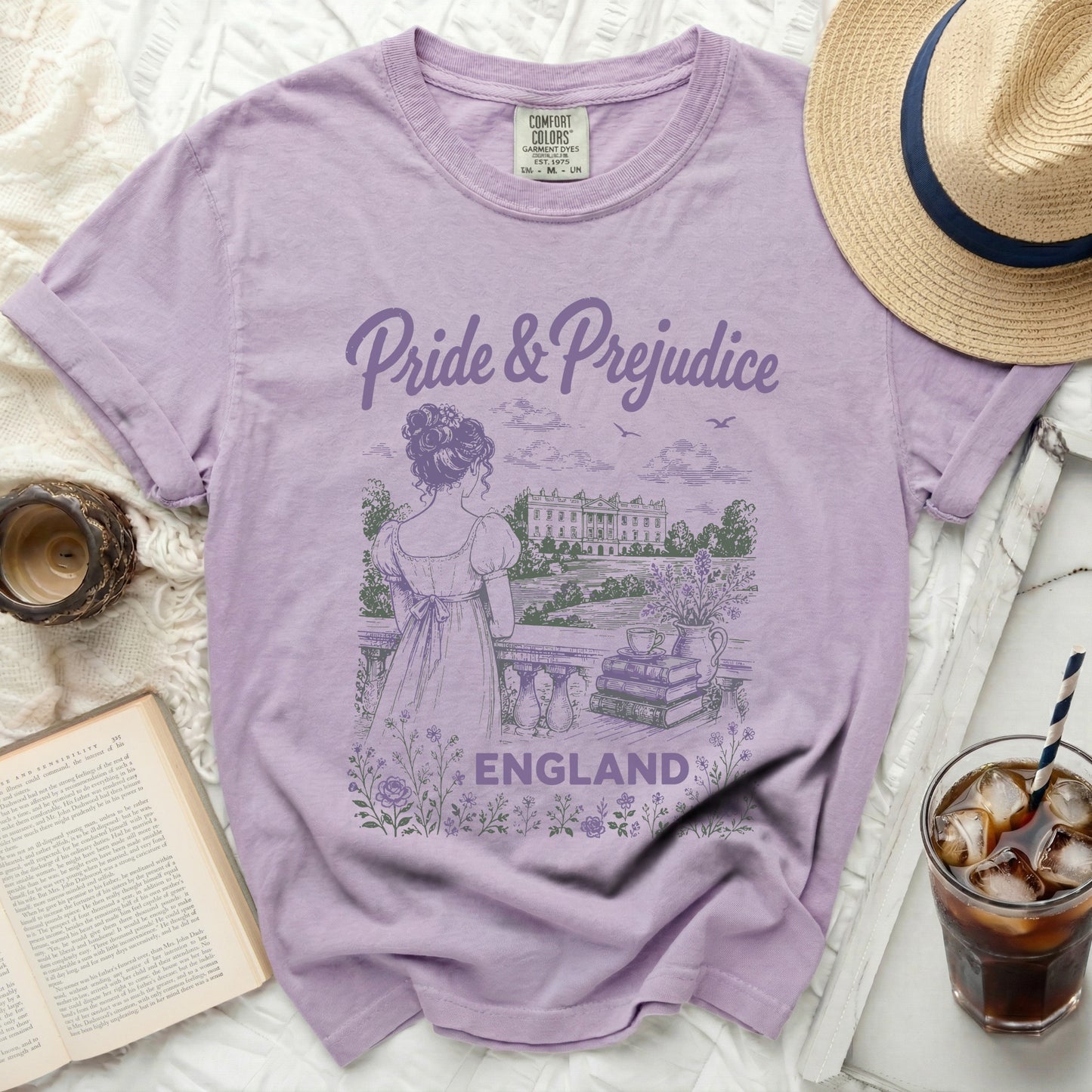 Lavender t-shirt with "Pride & Prejudice England" graphic and Regency scene.