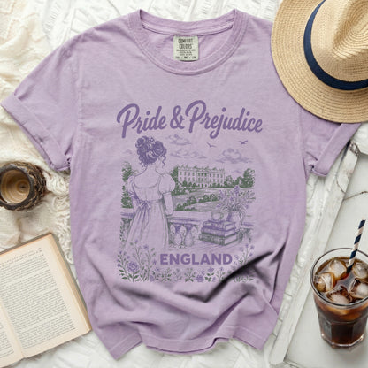 Lavender t-shirt with "Pride & Prejudice England" graphic and Regency scene.