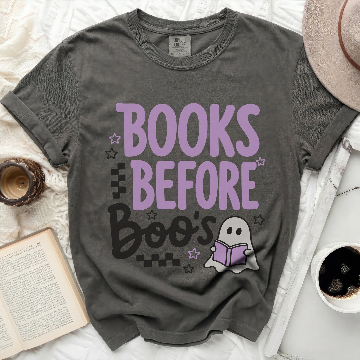 Grey t-shirt with "Books Before Boo's" text and a ghost.