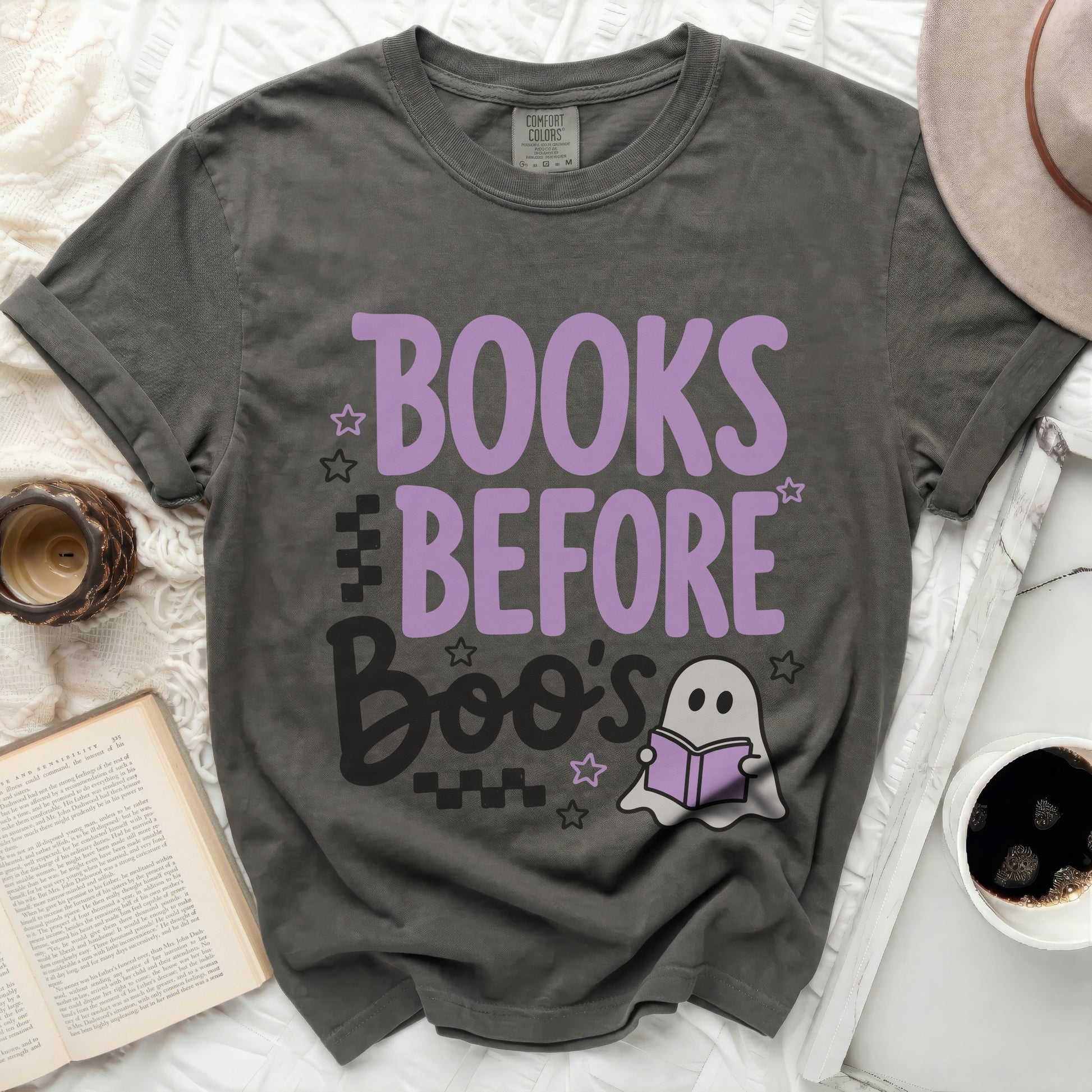 Grey t-shirt with "Books Before Boo's" text and a ghost.