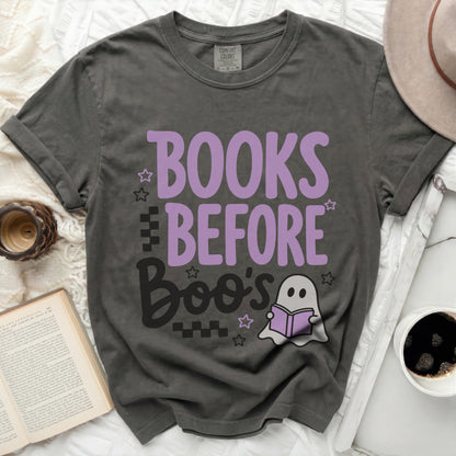 Grey t-shirt with "Books Before Boo's" text and a ghost.