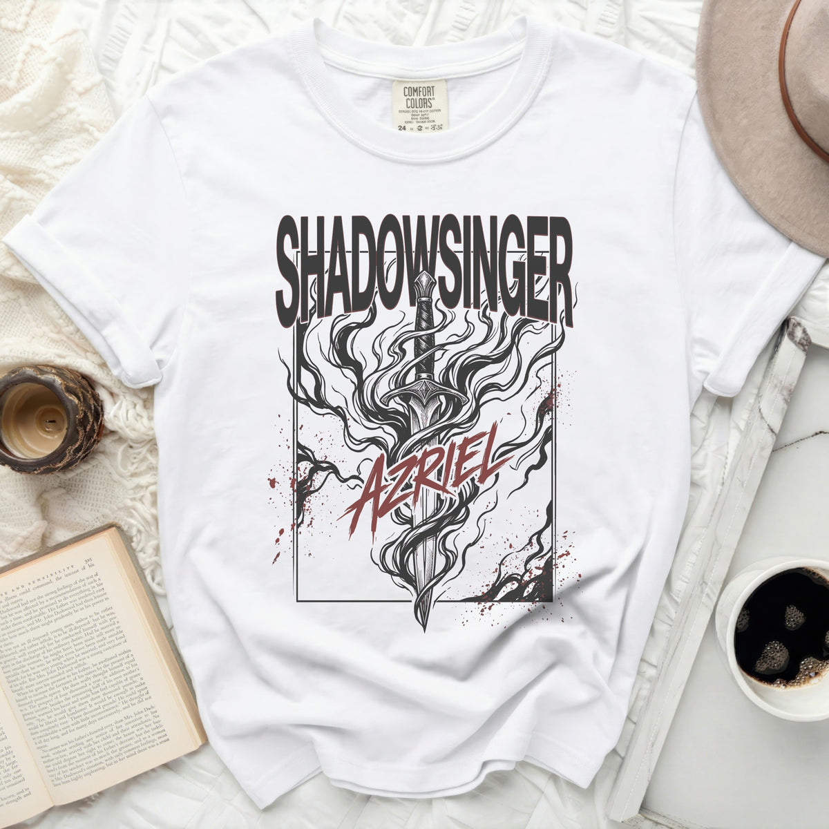 White Comfort Colors t-shirt with "SHADOWSINGER" and "AZRIEL" graphic.