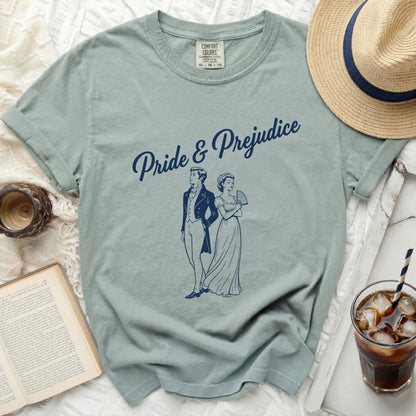 Blue "Pride & Prejudice" shirt with line art of Mr. Darcy and Elizabeth Bennet.