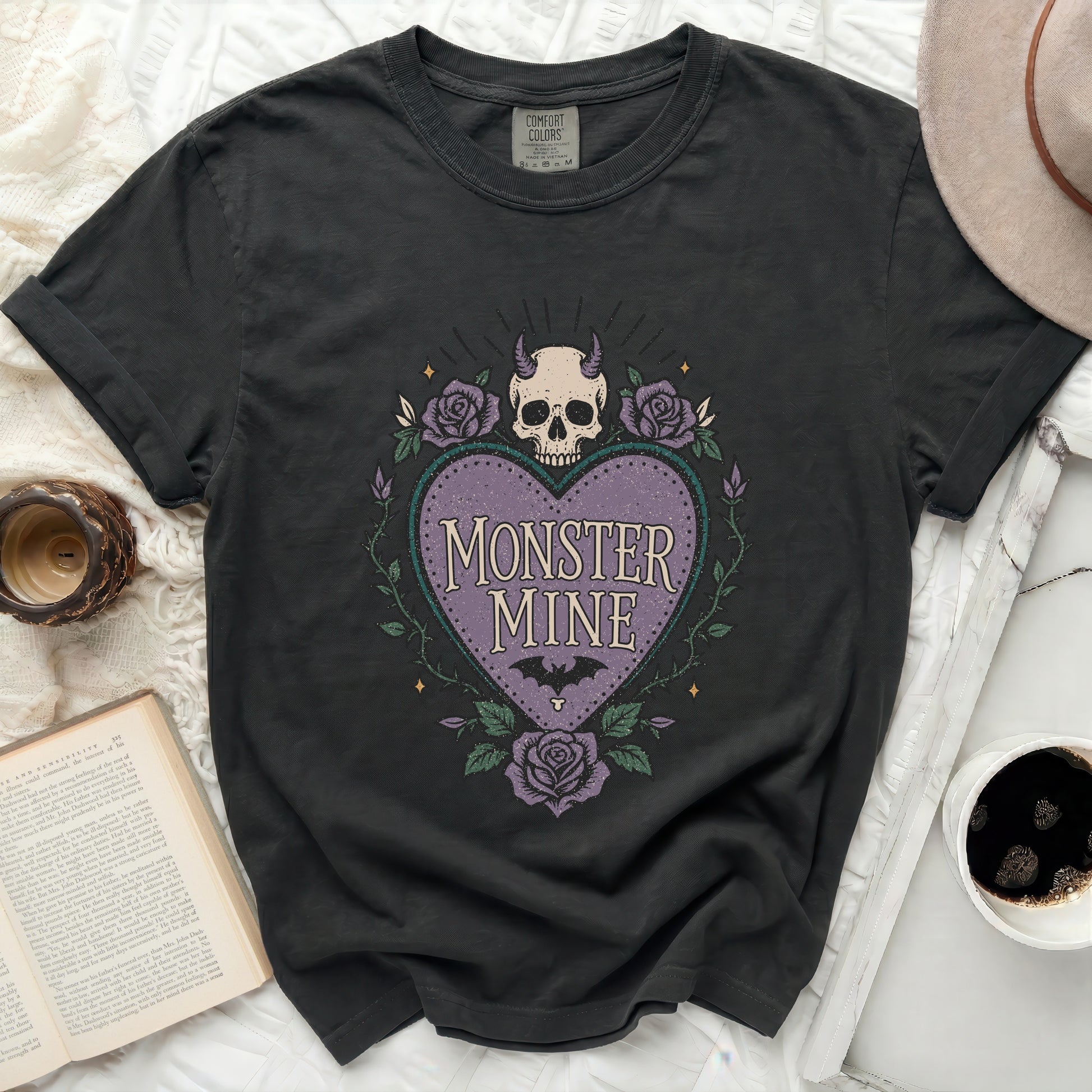 Black t-shirt with "MONSTER MINE" heart graphic and gothic roses.