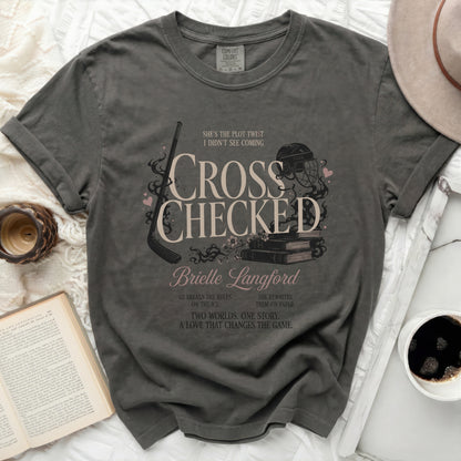 T-shirt with "Cross Checked Brielle Langford" book cover design.
