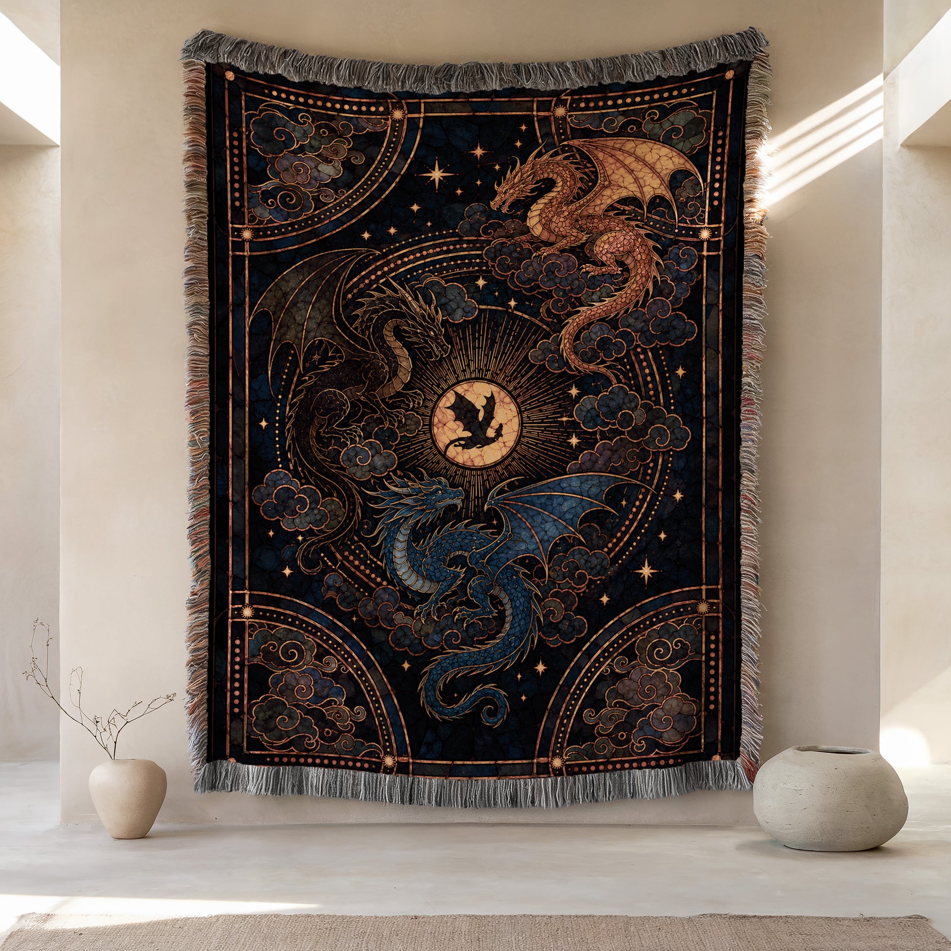 a large tapestry hanging on a wall, depicting a dragon and a moon. The tapestry is adorned with intricate designs and patterns, creating a visually striking and detailed piece of art.