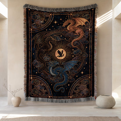 a large tapestry hanging on a wall, depicting a dragon and a moon. The tapestry is adorned with intricate designs and patterns, creating a visually striking and detailed piece of art.