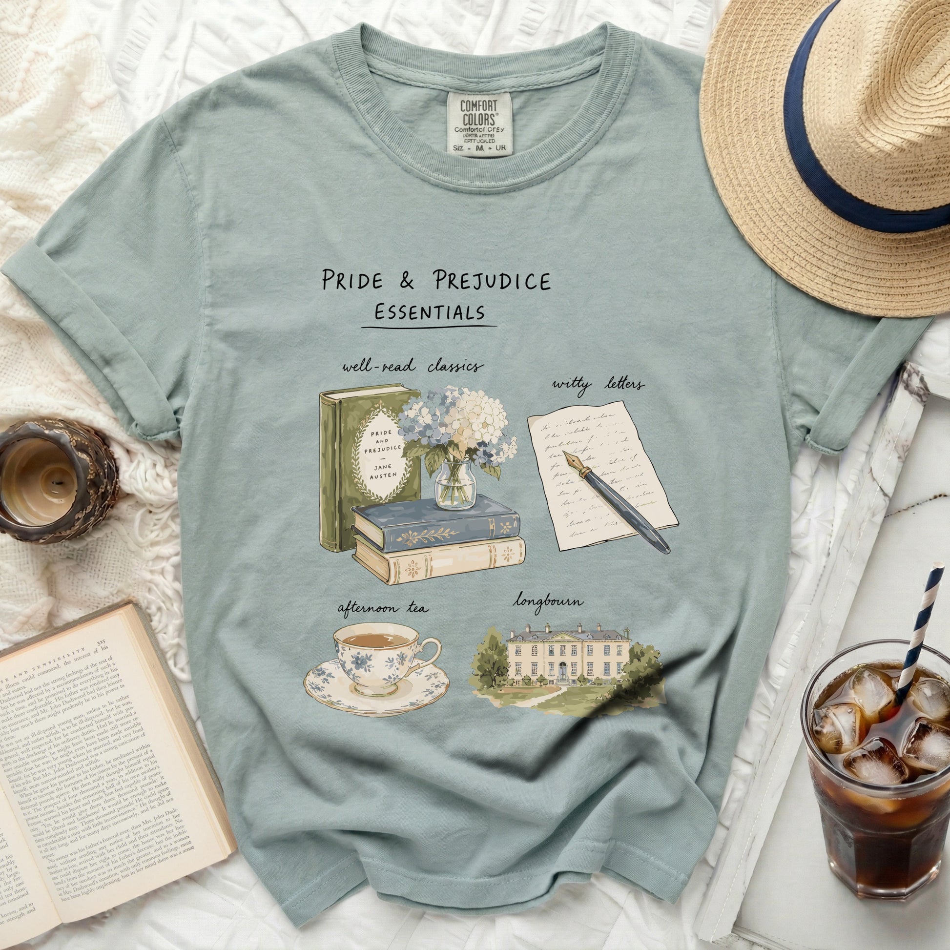 Pride & Prejudice Essentials t-shirt with books, teacup, manor, and letters.