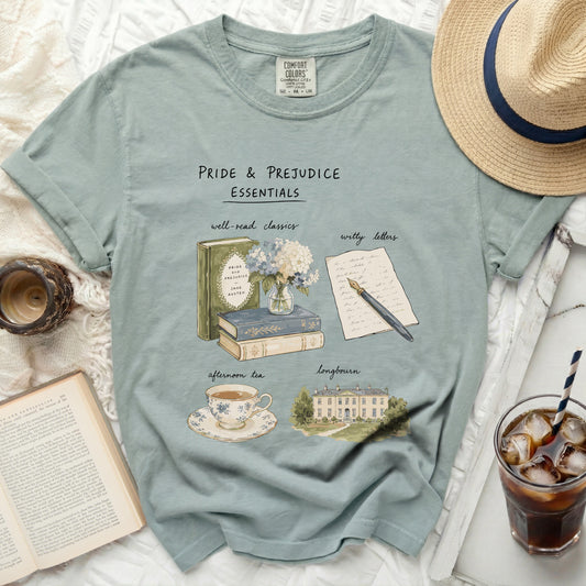 Pride & Prejudice Essentials t-shirt with books, teacup, manor, and letters.
