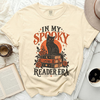 Black cat on books graphic with text "IN MY SPOOKY READER ERA".