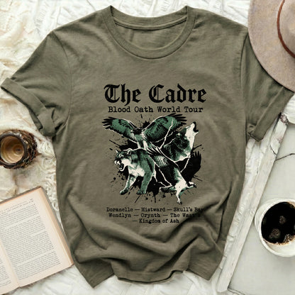 Olive green t-shirt with "The Cadre Blood Oath World Tour" and graphic.
