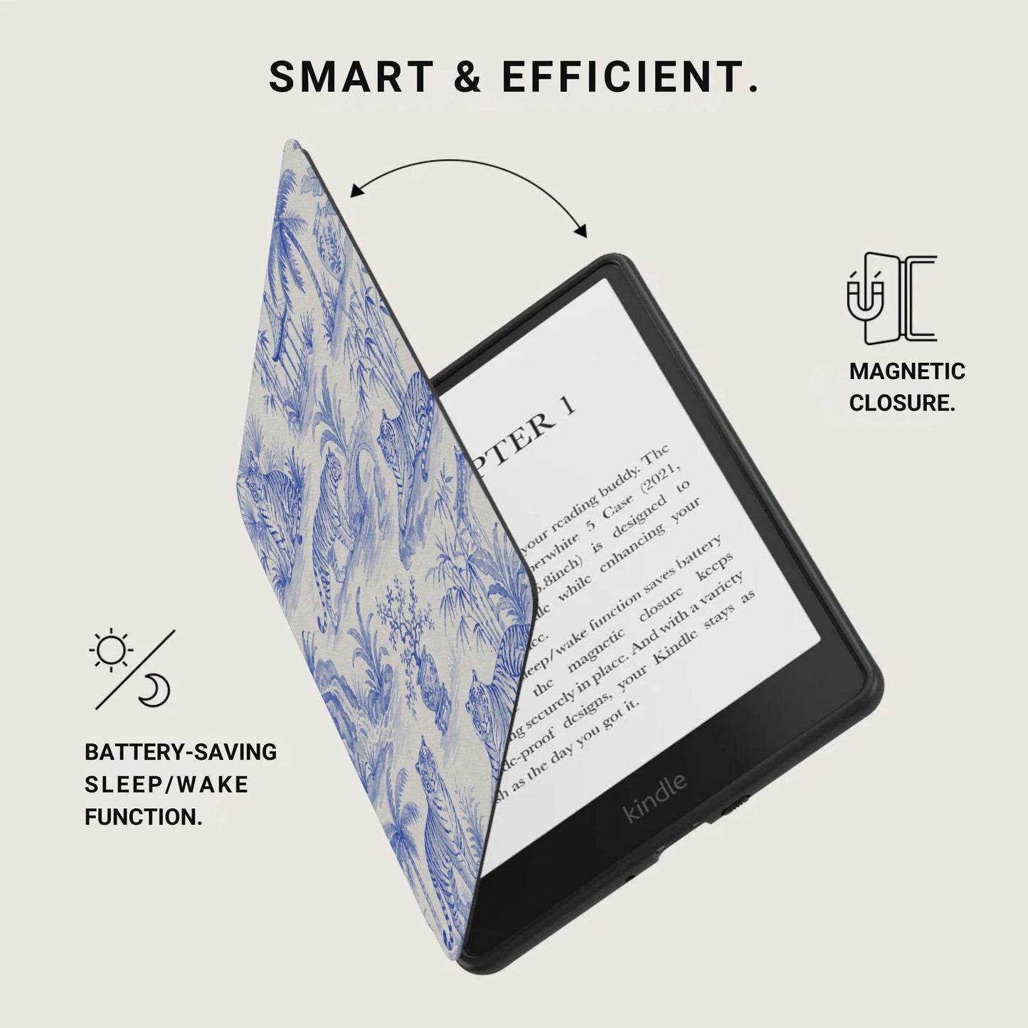 Kindle e-reader with blue tiger patterned case open, magnetic closure, and battery saving text.