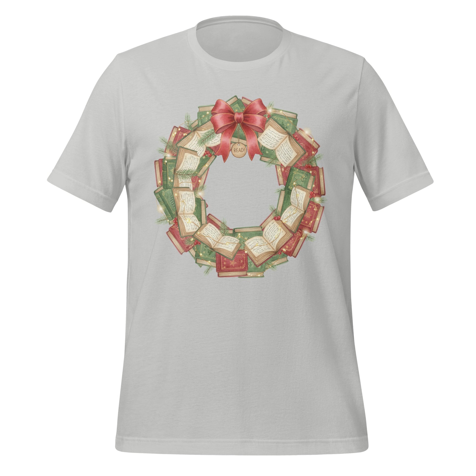 Holiday Wreath Design T-shirt with Open Books Flourish