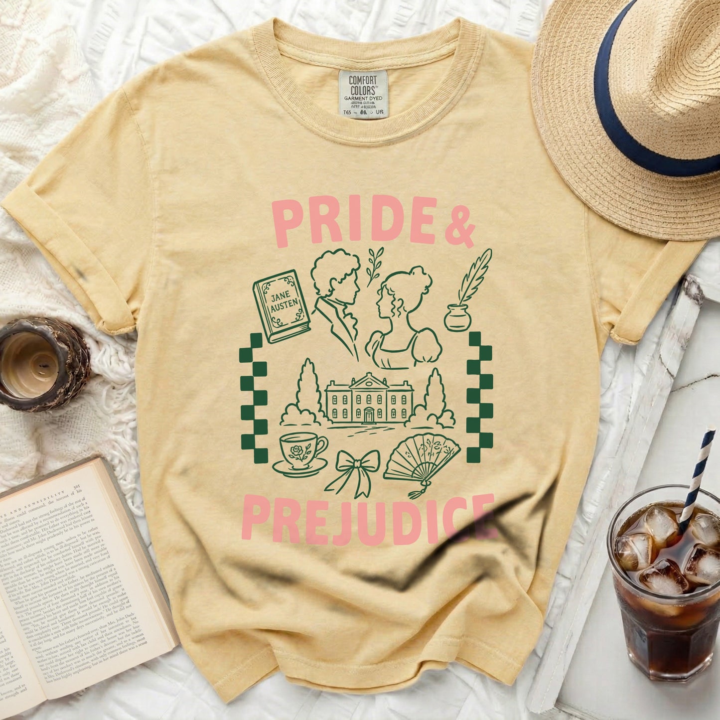 Yellow t-shirt with "Pride & Prejudice" and Jane Austen book illustration.