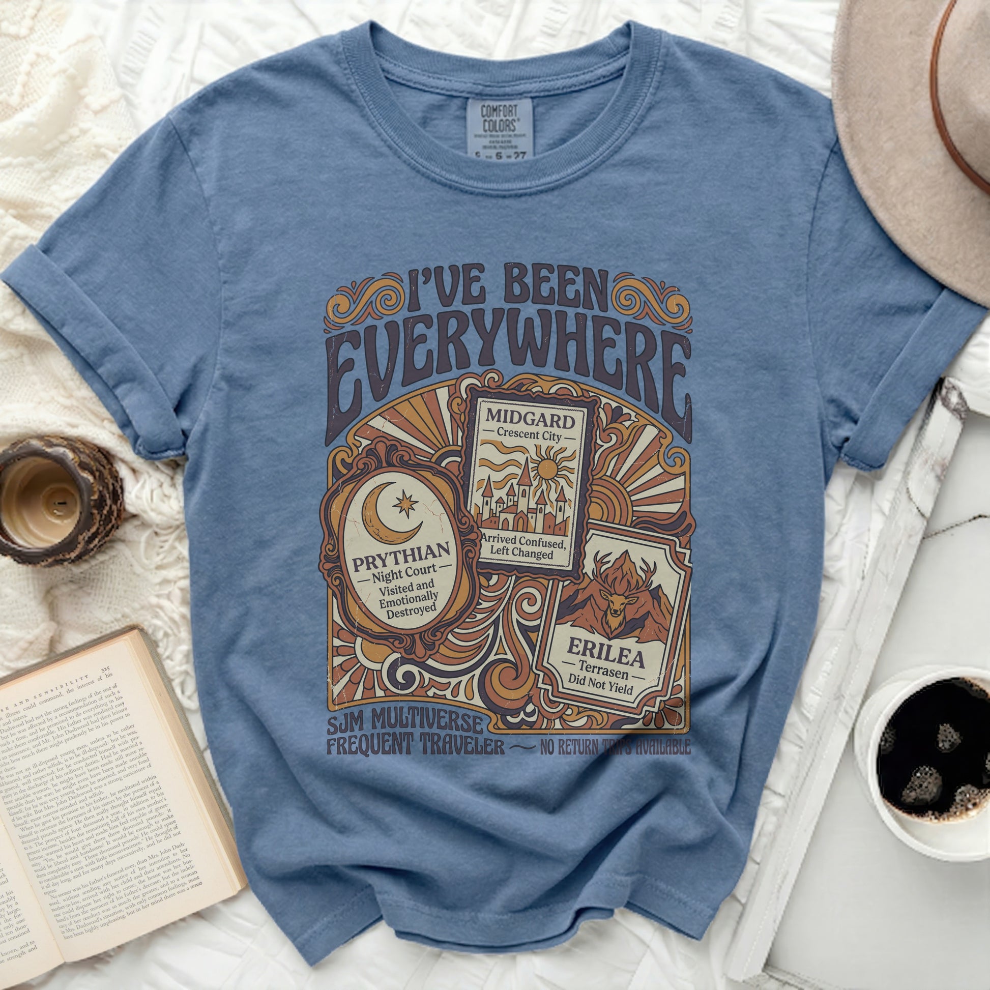 Blue Comfort Colors t-shirt with "I've Been Everywhere" text and fictional travel destinations.