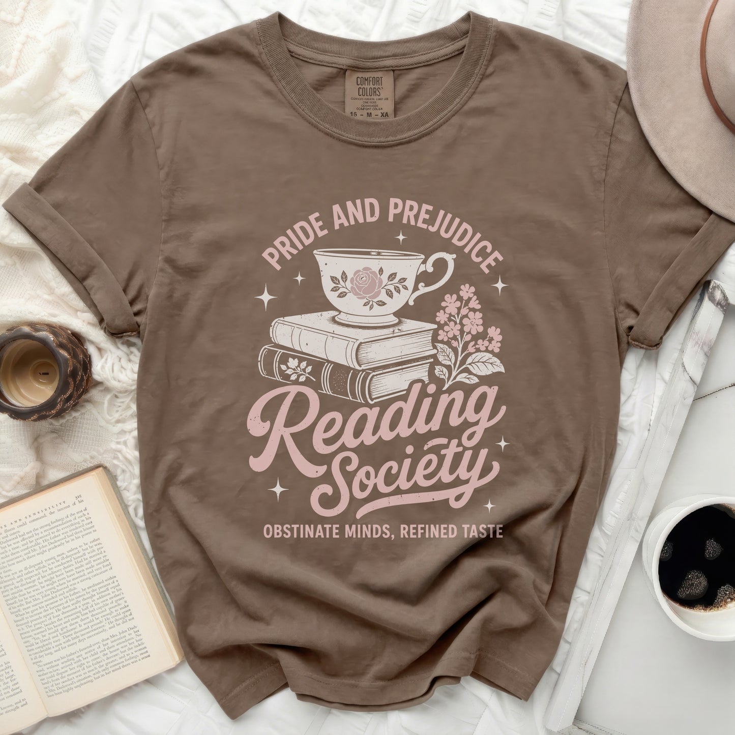 Pride and Prejudice Reading Society t-shirt with books and teacup graphic.