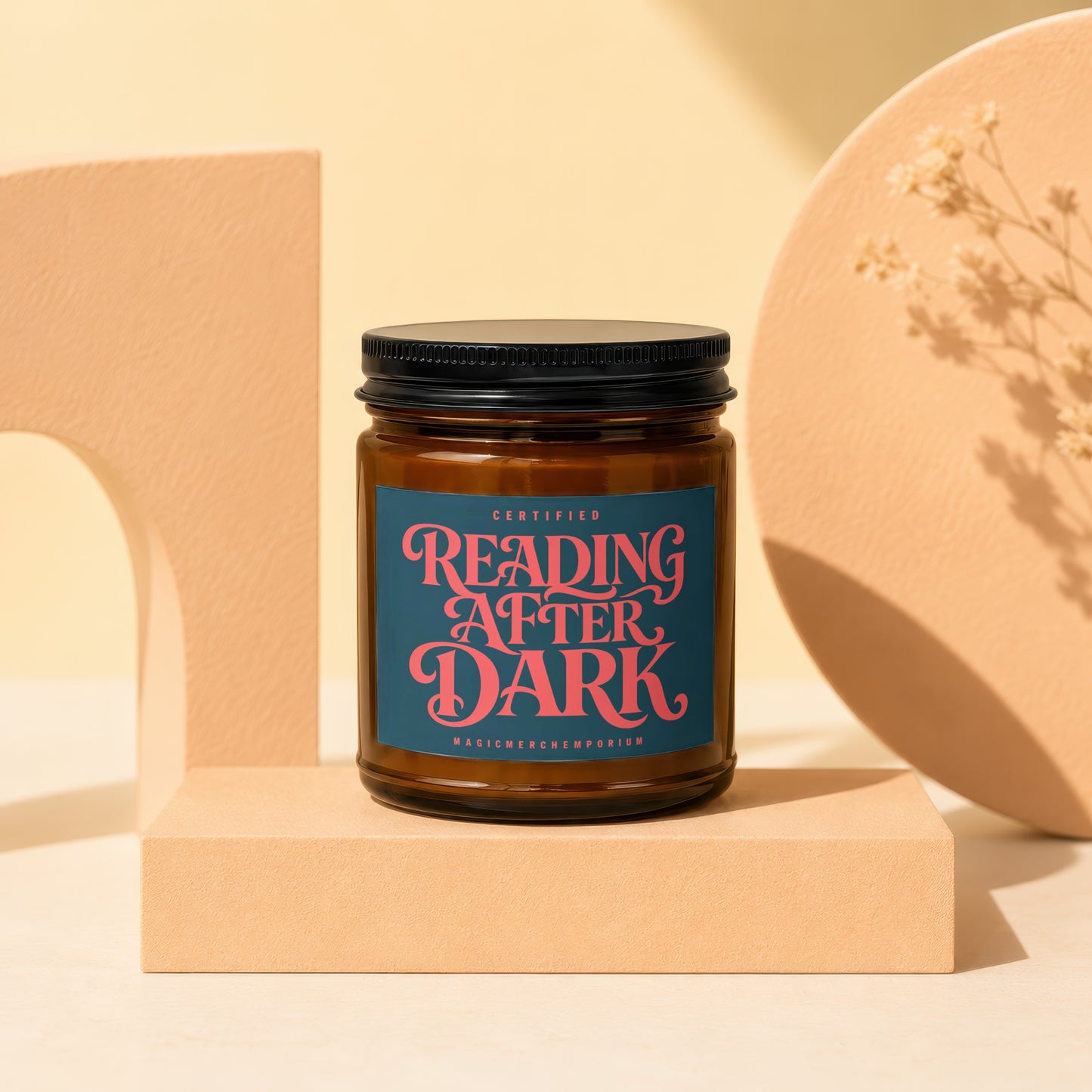 Brown candle with a dark blue label that reads "Reading After Dark".