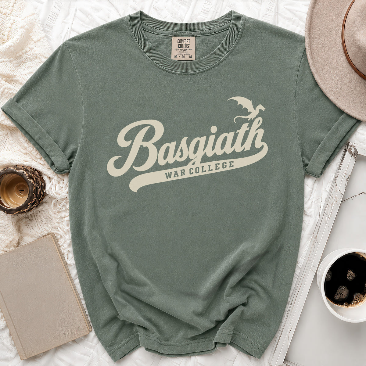 Green t-shirt with "Basgiath War College" and dragon graphic.