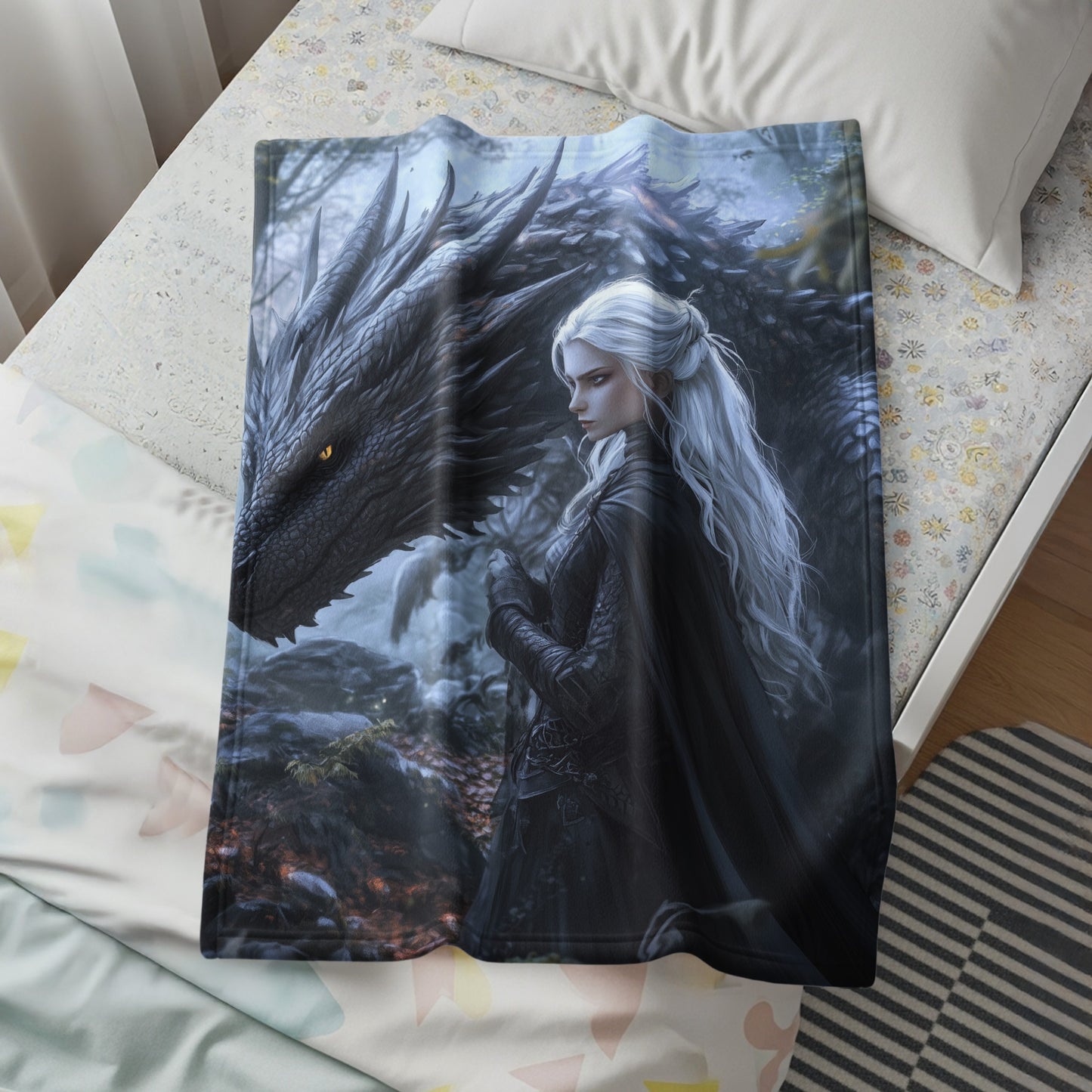 Enchanting Dragon and Sorceress Fantasy Blanket