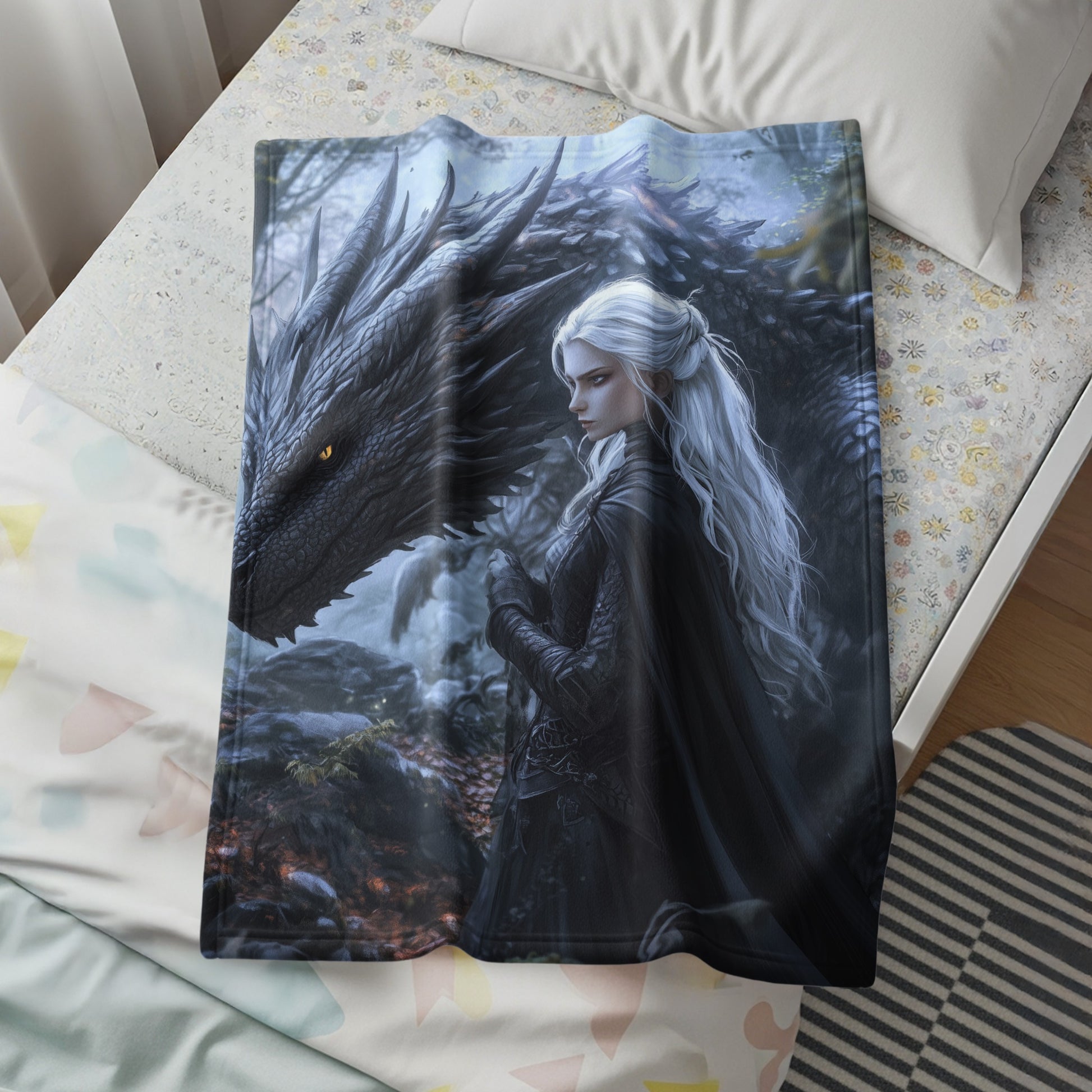 Enchanting Dragon and Sorceress Fantasy Blanket