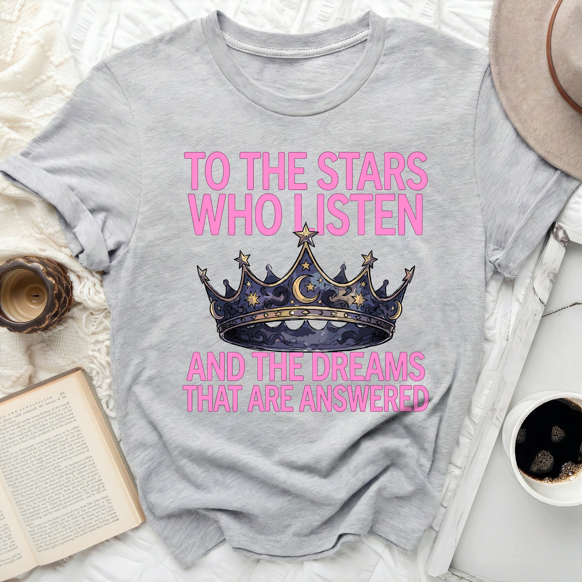 To The Stars Who Listen And Dreams That Are Answered product type
Stars Who Listen
Dreams Answered
Celestial Crown
Inspirational Quote
Fantasy Lover
Bookish Tee
Magical Design
Moon Stars
Crown Graphic
Empowerment Shirt
Unique Apparel
Wish Fulfillment
Positive Message
Unisex Tee
Graphic TShirt
Statement Top
Gift Idea
Aesthetic Clothing
Literary Inspired
Dreamer's Gear