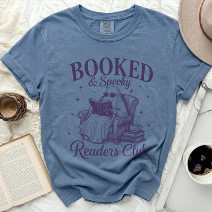 Blue t-shirt with "Booked & Spooky Readers Club" ghost graphic.