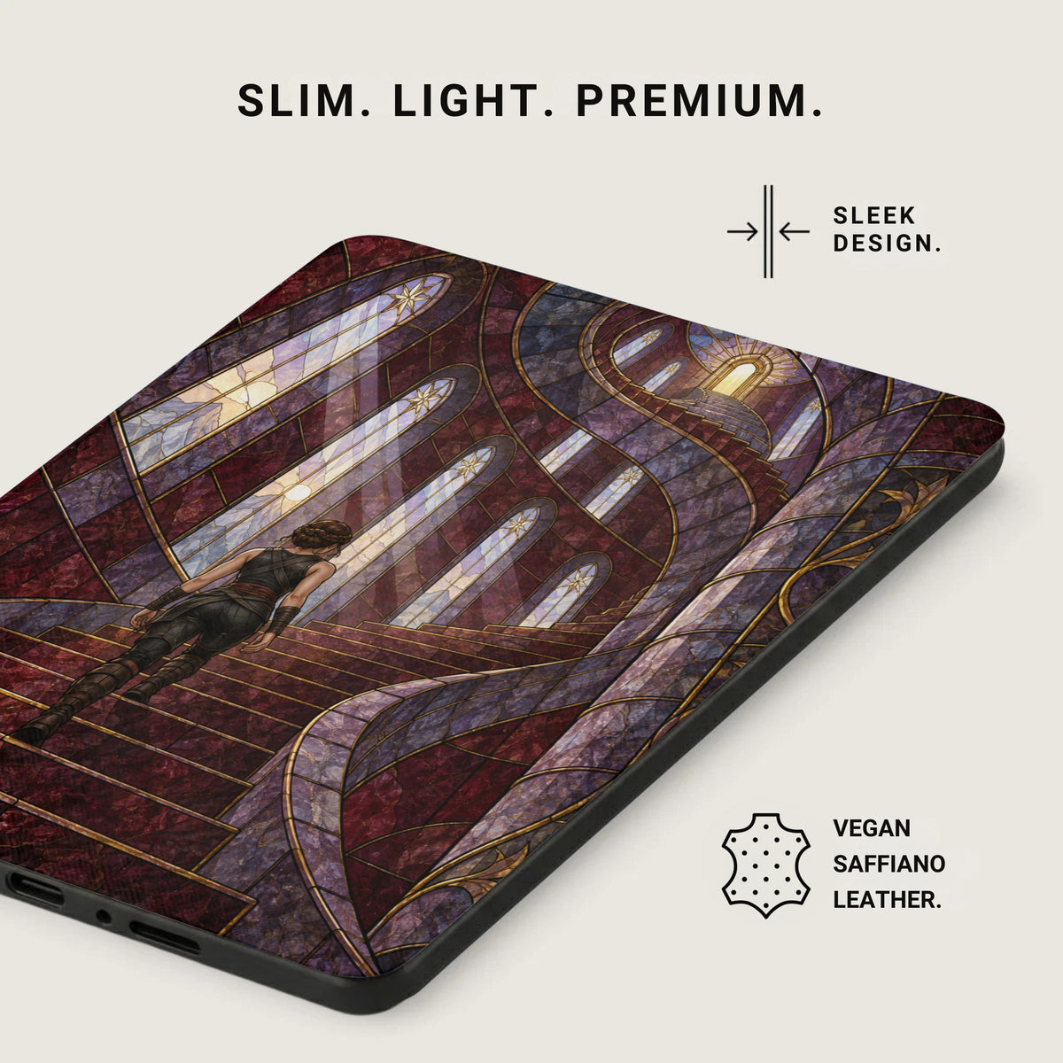 Phone case with stained glass design and woman climbing stairs.