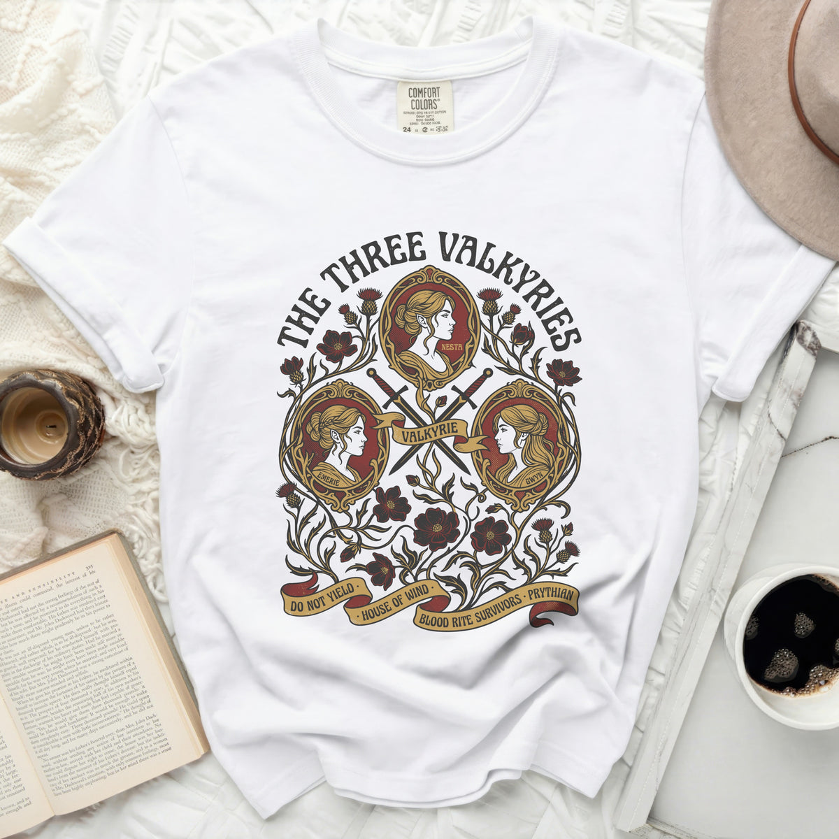 The Three Valkyries print on a white Comfort Colors t-shirt.