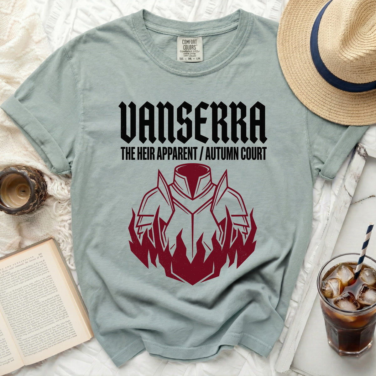 Light sage t-shirt with "VANSERRA THE HEIR APPARENT / AUTUMN COURT" and red armor design.