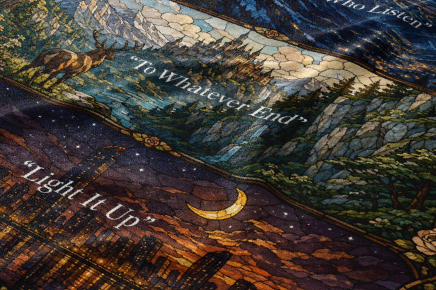 Stained glass inspired art with deer, mountains, city skyline, moon, and text.