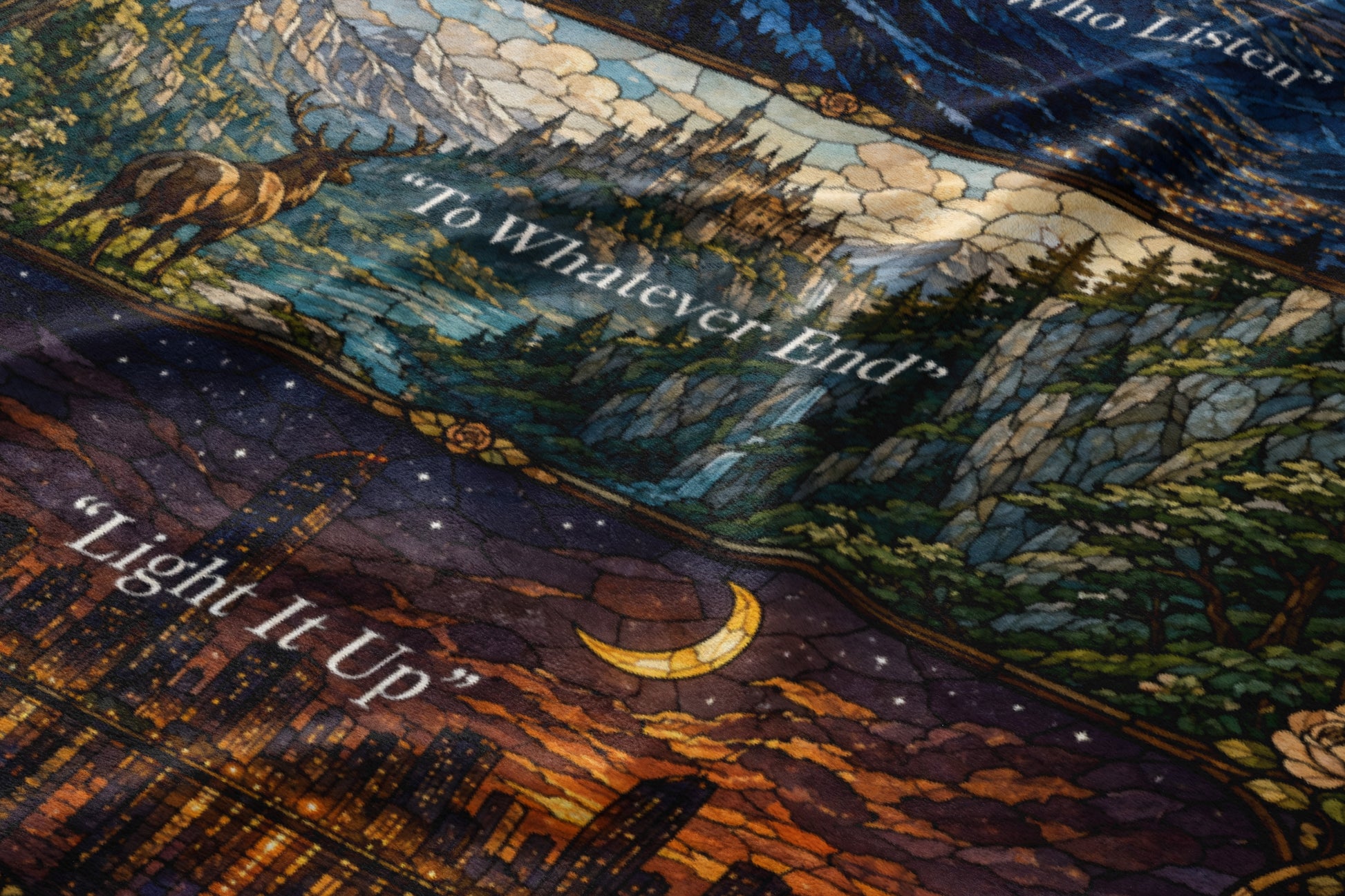 Stained glass inspired art with deer, mountains, city skyline, moon, and text.