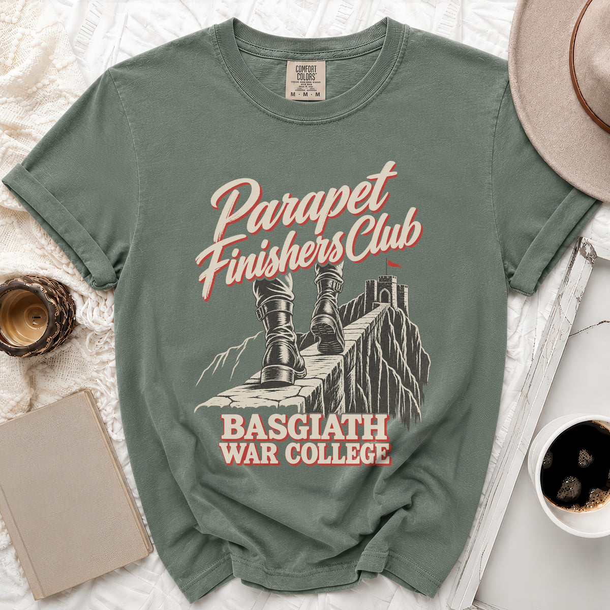 Green t-shirt with "Parapet Finishers Club" and "Basgiath War College" text and graphic.