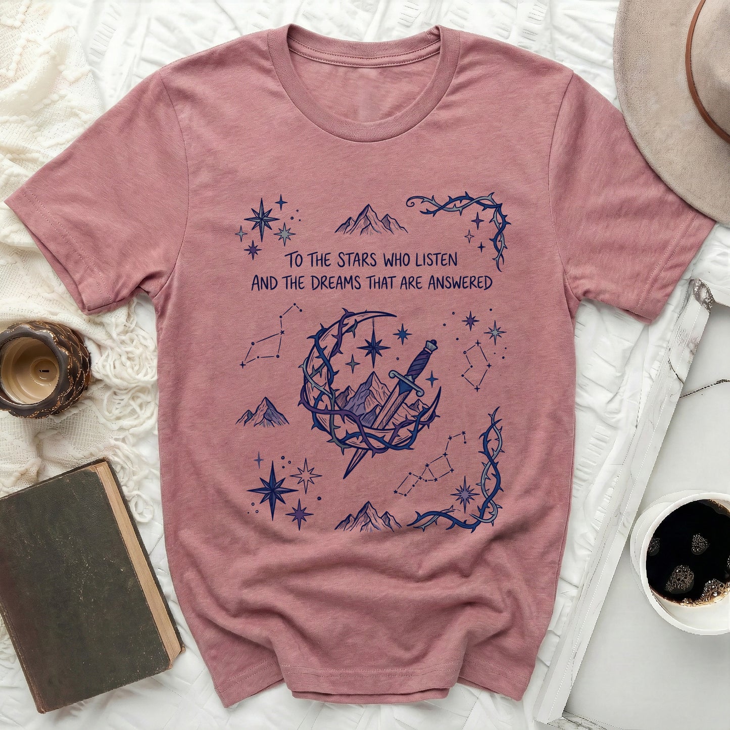 Stars Listen Dreams Answered Mountains Sword Tee Product Type

graphic tee
celestial stars
dreams answered
fantasy shirt
literary tee
mountain design
sword imagery
unique apparel
moon crescent
constellations
thorny vines
magical motif
mystical top
book lover gift
aesthetic clothing
comfort shirt
casual style
inspired quote
reader fashion
trendy shirt