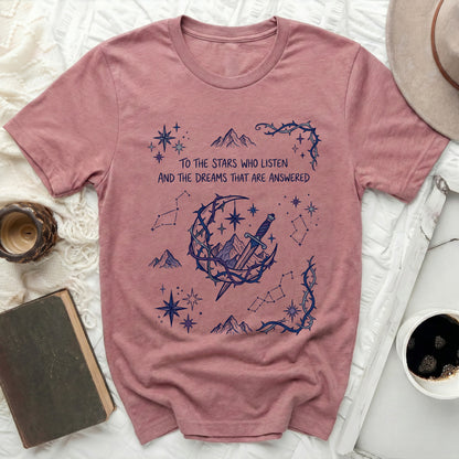 Stars Listen Dreams Answered Mountains Sword Tee Product Type

graphic tee
celestial stars
dreams answered
fantasy shirt
literary tee
mountain design
sword imagery
unique apparel
moon crescent
constellations
thorny vines
magical motif
mystical top
book lover gift
aesthetic clothing
comfort shirt
casual style
inspired quote
reader fashion
trendy shirt