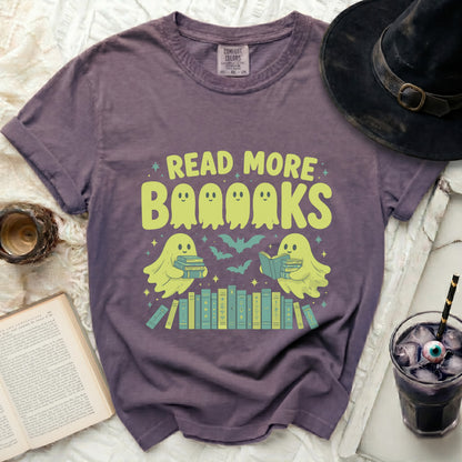 T-shirt with "Read More Boooooks" text and ghosts reading books.