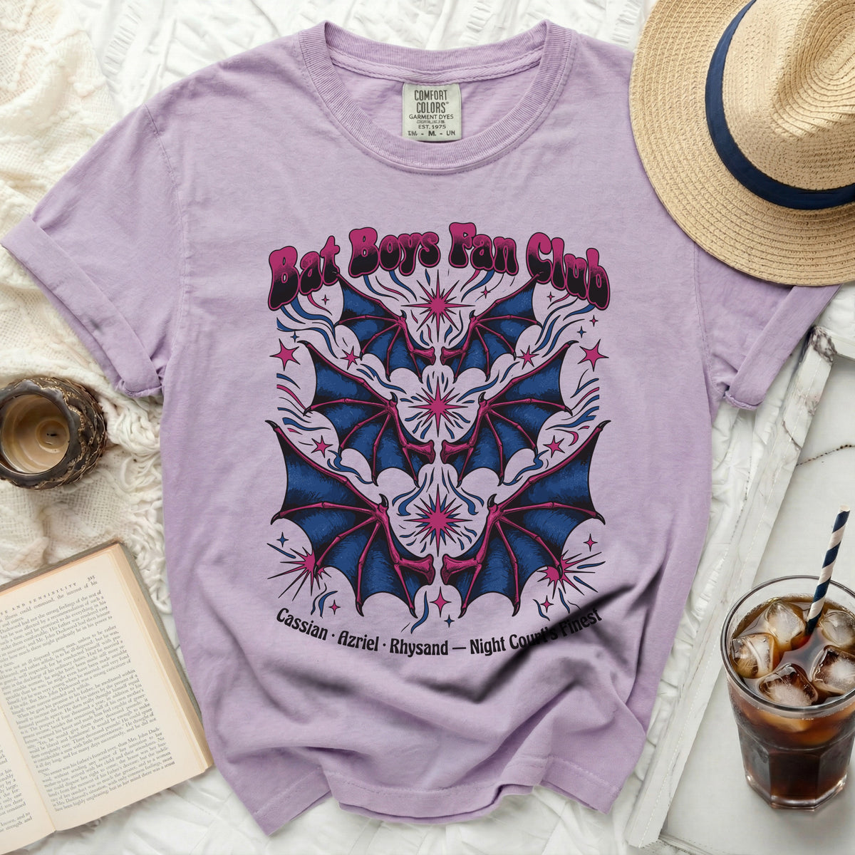 Lavender t-shirt with "Bat Boys Fan Club" text and bat wing graphic.