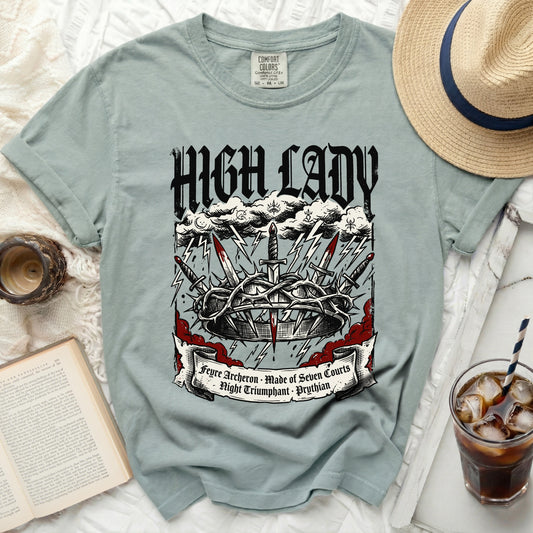 High Lady t-shirt with crown, swords, and text "Feyre Archeron".