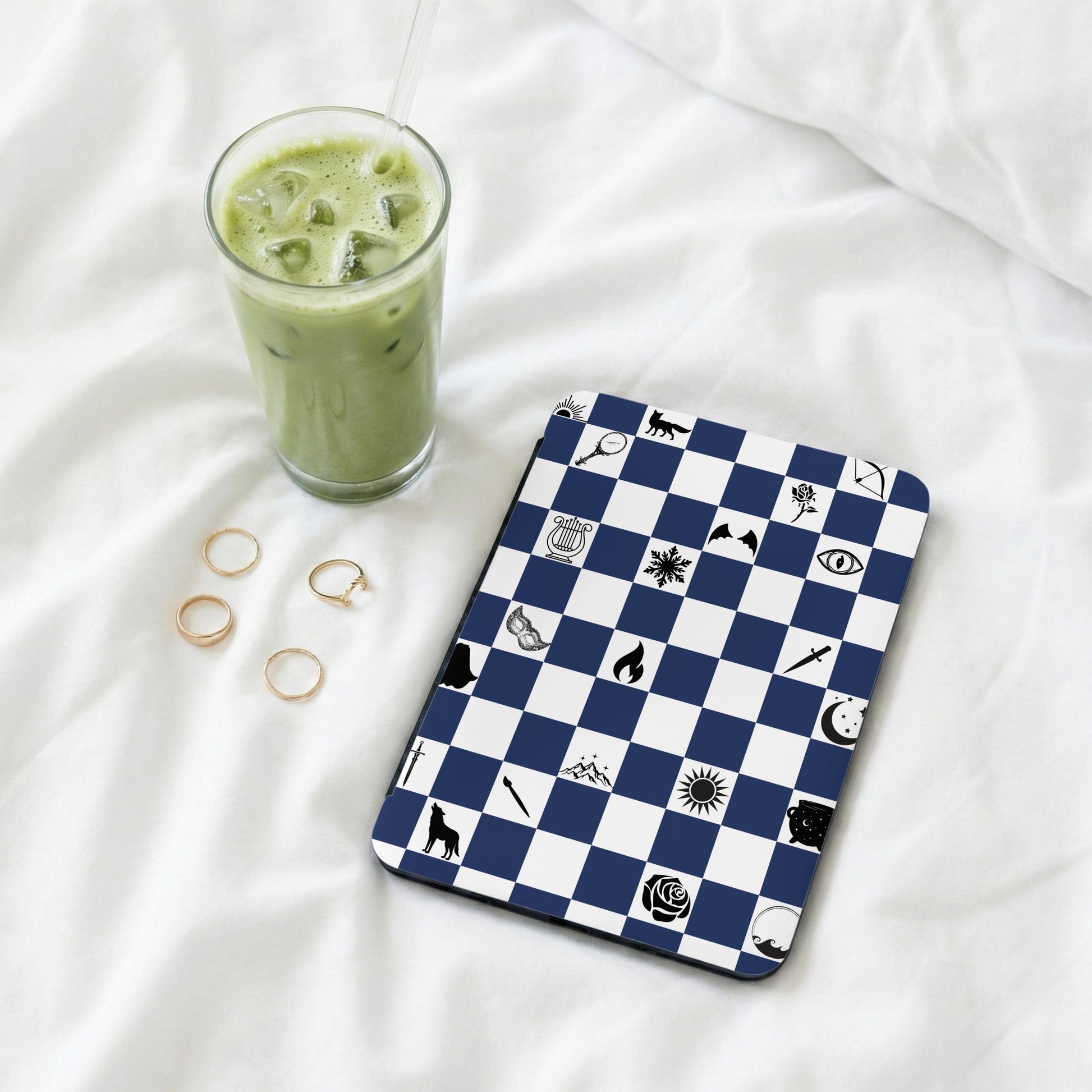Blue white checkerboard mystical symbols unique design product type