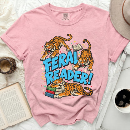 Pink t-shirt with tigers and "FERAL READER!" text.