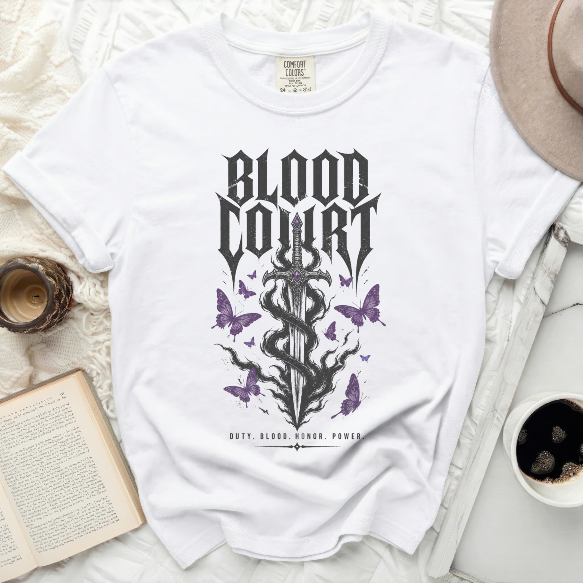 White t-shirt with black Blood Court sword and butterfly graphic.